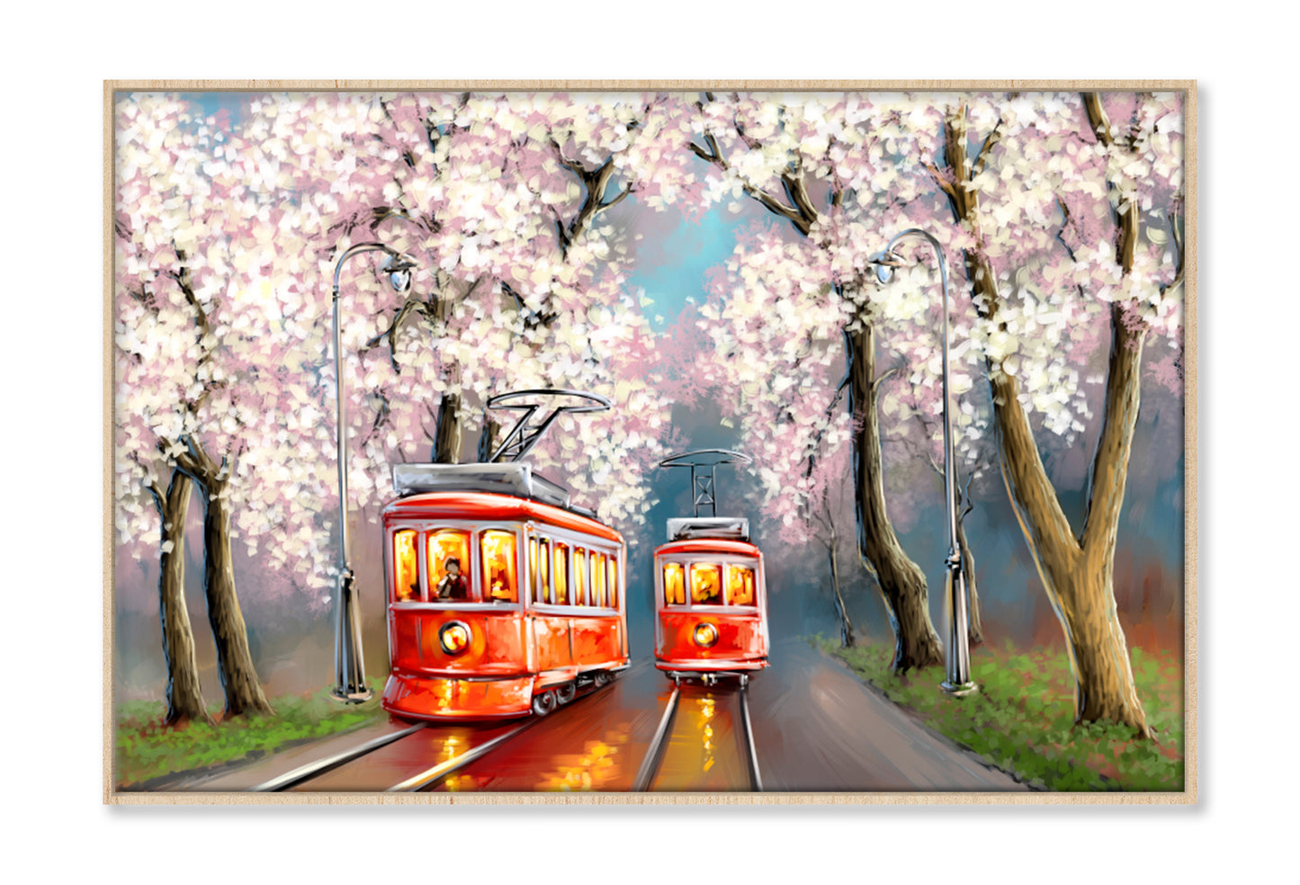 Tram Spring Oil Painting Wall Art Limited Edition High Quality Print Canvas Box Framed Natural