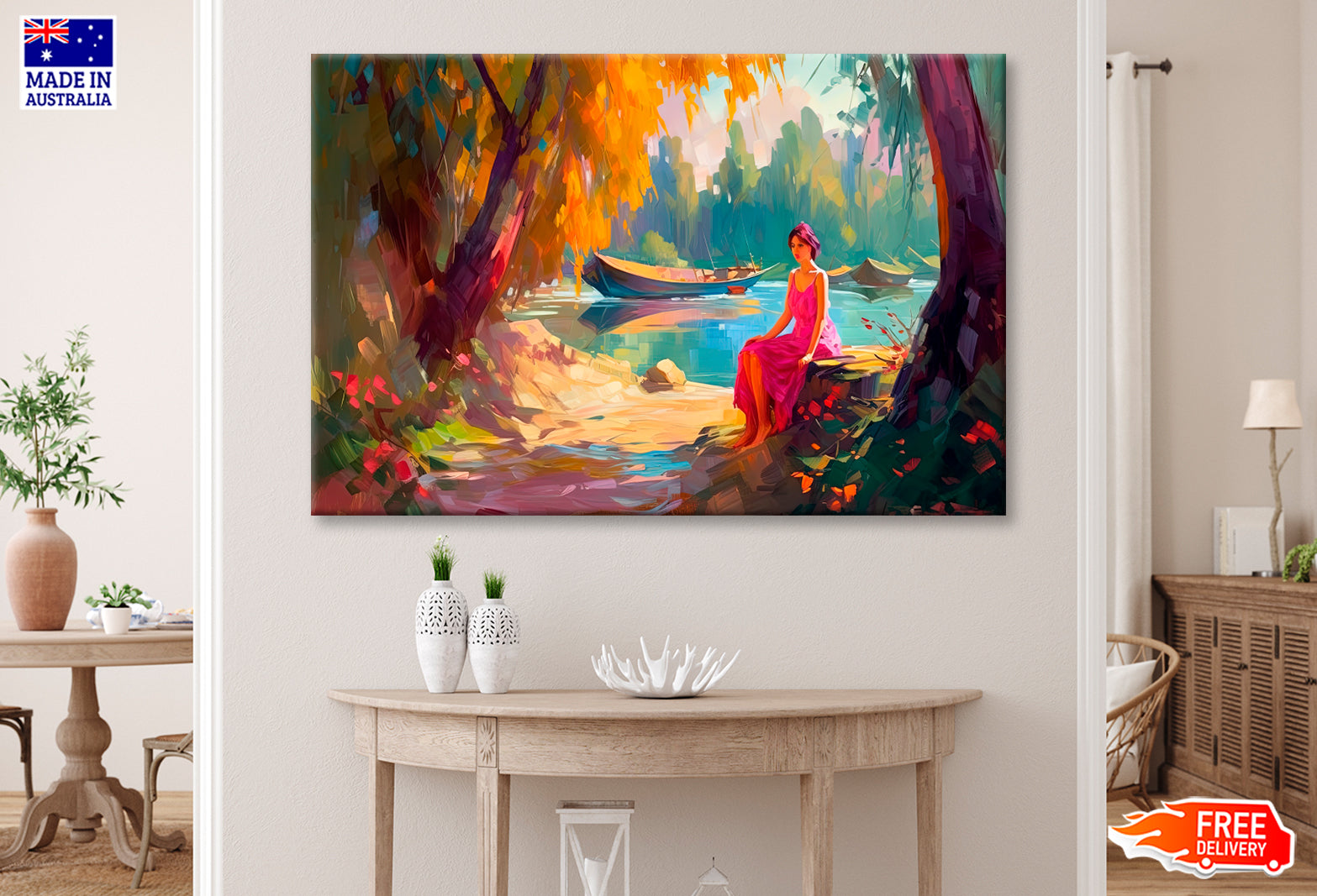 Woman Sitting On River Shore Oil Painting Wall Art Limited Edition High Quality Print