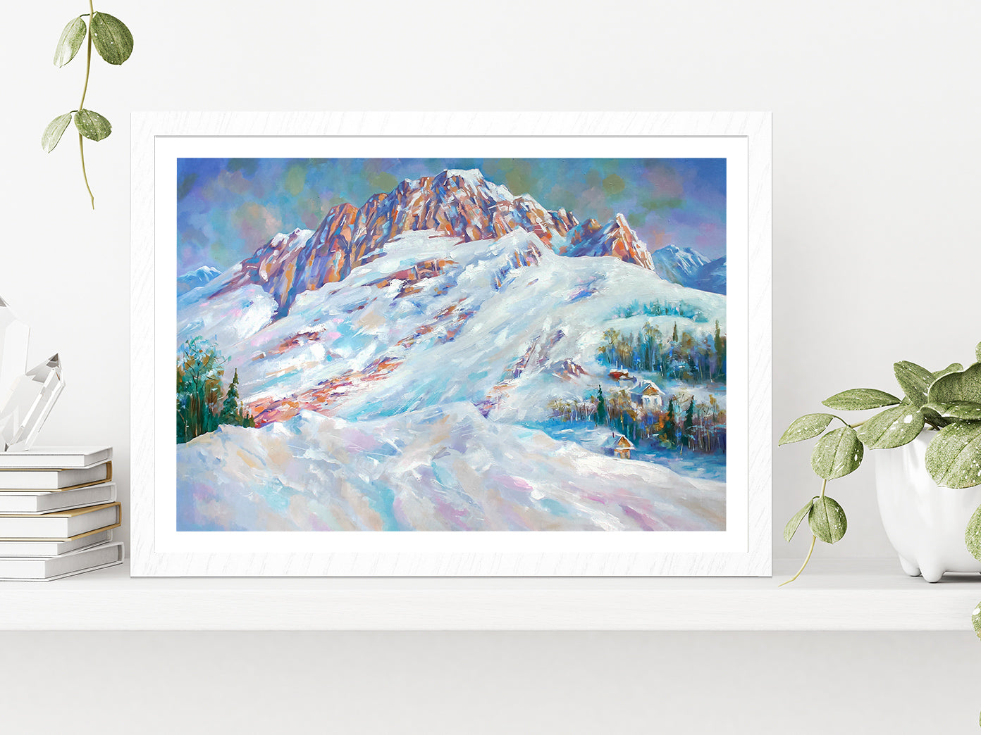 Snow Drifts At The Foot Of Mount Fisht Landscape Glass Framed Wall Art, Ready to Hang Quality Print With White Border White