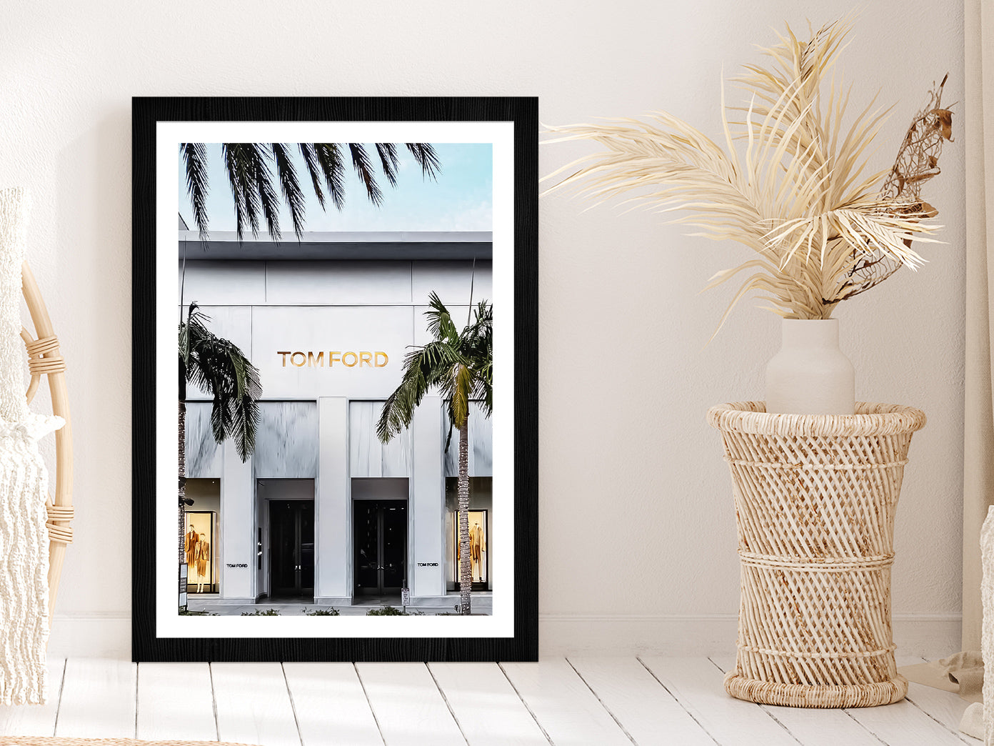 Palm Trees near Fashion Store Photograph Glass Framed Wall Art, Ready to Hang Quality Print With White Border Black