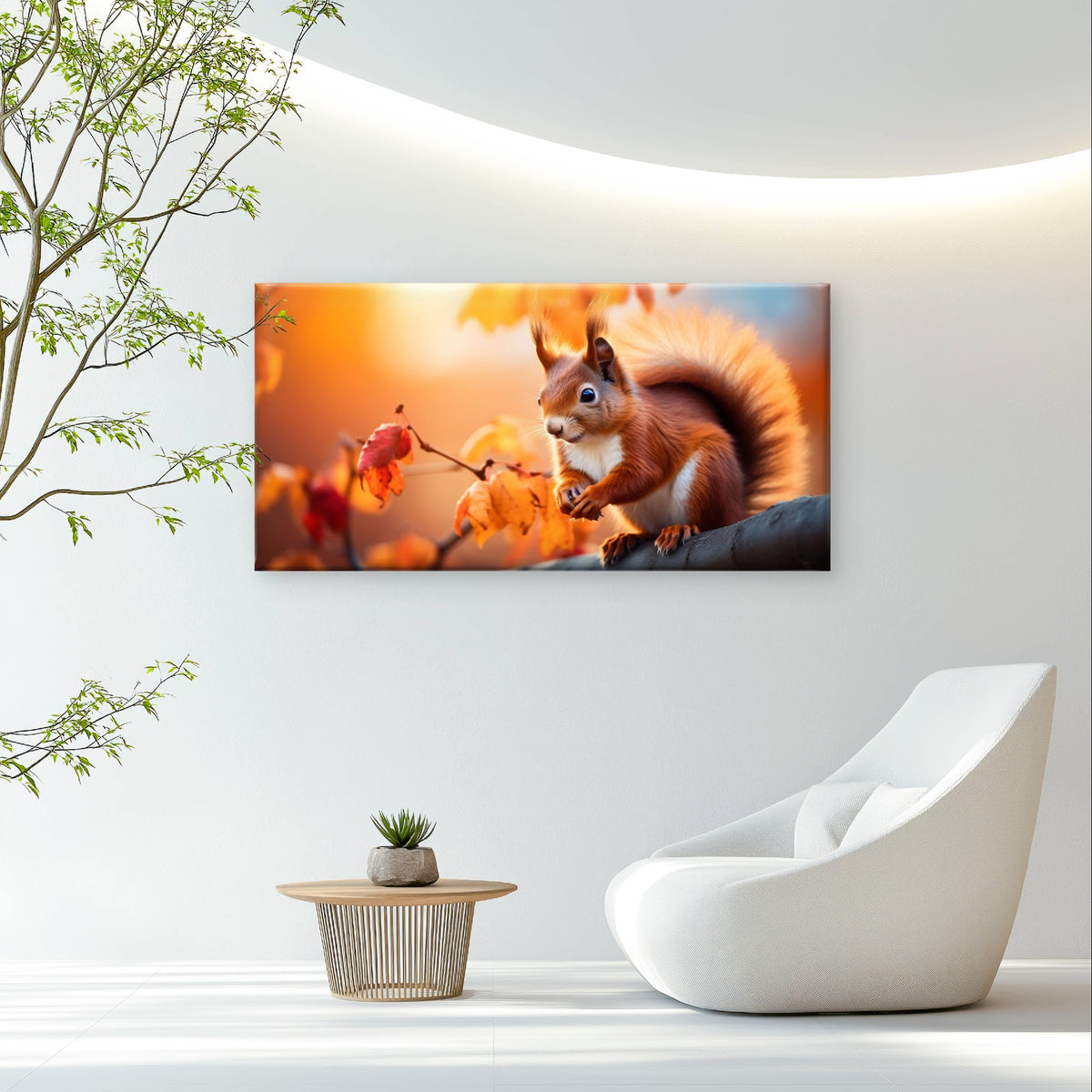 Red Squirrel Autumn Leaves Branch Wildlife Wall Art Canvas Office Home Framed 120x60cm - Bella Home Decor
