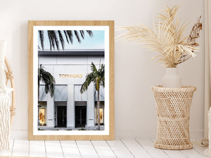 Palm Trees near Fashion Store Photograph Glass Framed Wall Art, Ready to Hang Quality Print With White Border Oak