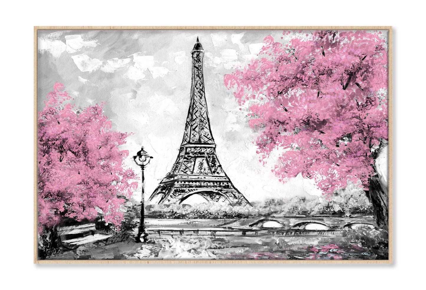 Eiffel Tower & Blossom Pink Trees Watercolor Painting Wall Art Limited Edition High Quality Print Canvas Box Framed Natural