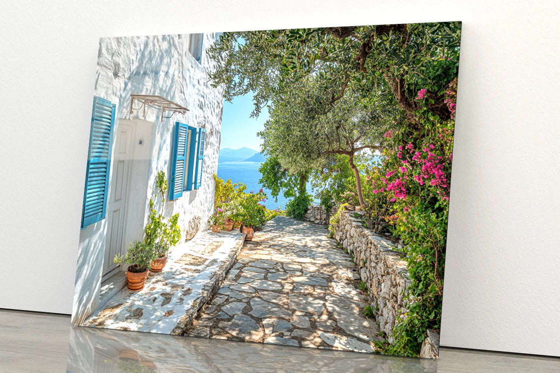 A White House with Blue Shutters and a Blue Door Acrylic Glass Print Tempered Glass Wall Art 100% Made in Australia Ready to Hang - Bella Home Decor