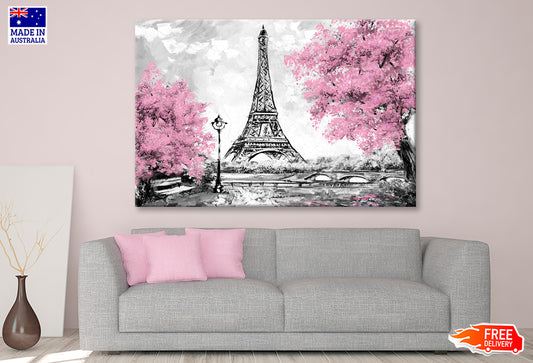 Eiffel Tower & Blossom Pink Trees Watercolor Painting Wall Art Limited Edition High Quality Print