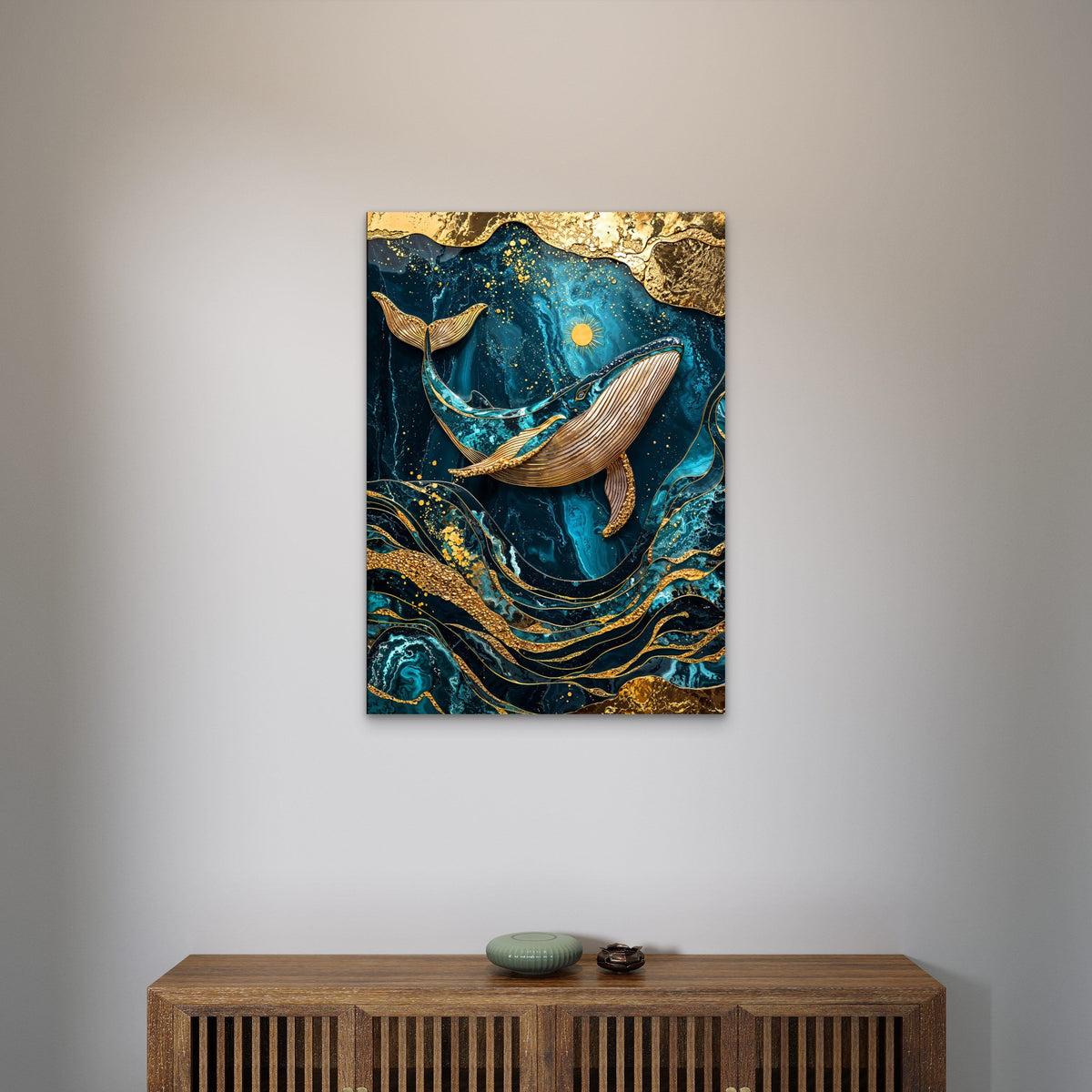 Gold Foil Teal Whale Ocean 60x90cm Metal Print Ready to Hang