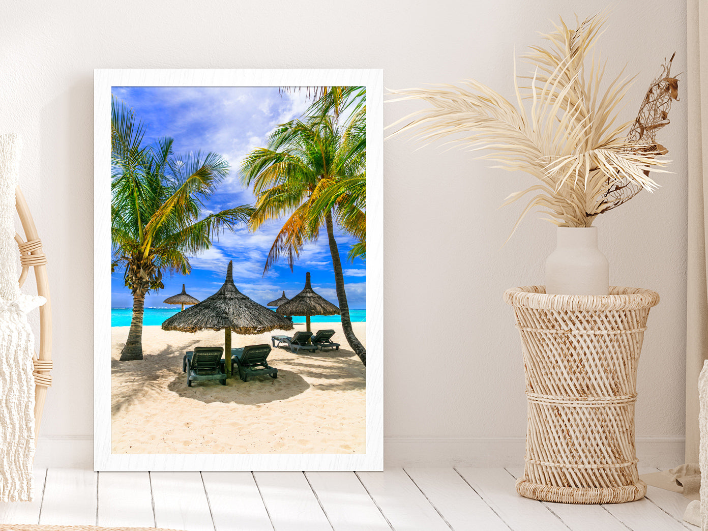 Tropical Palms & Beach Hut at Mauritius Photograph Glass Framed Wall Art, Ready to Hang Quality Print Without White Border White