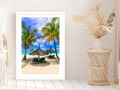 Tropical Palms & Beach Hut at Mauritius Photograph Glass Framed Wall Art, Ready to Hang Quality Print With White Border White