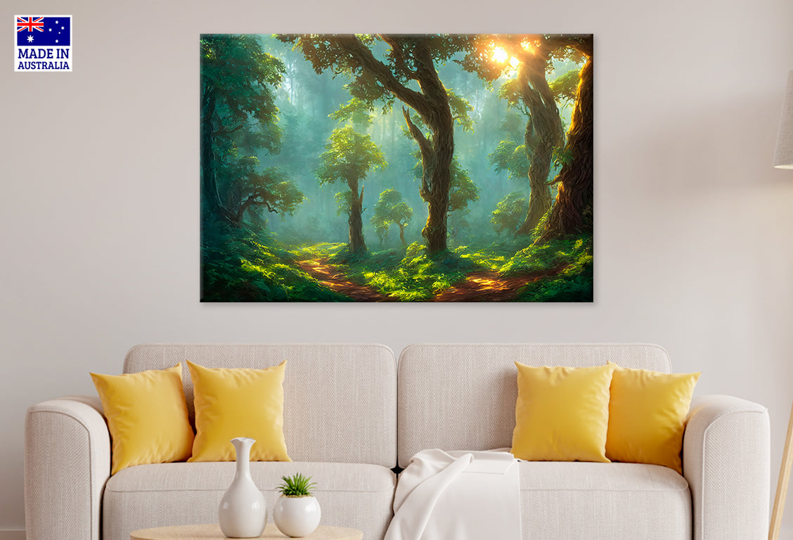 Morning Fairy Forest Sun Foliage Tree Trunks Wall Art Decor 100% Australian Made