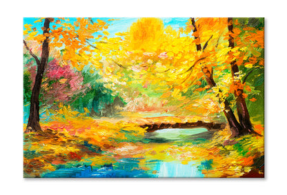 Colorful Autumn Forest With River Oil Painting Wall Art Limited Edition High Quality Print Stretched Canvas None