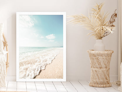 Seawaves on Sandy Beach Faded Photograph Glass Framed Wall Art, Ready to Hang Quality Print A3 Without White Border White