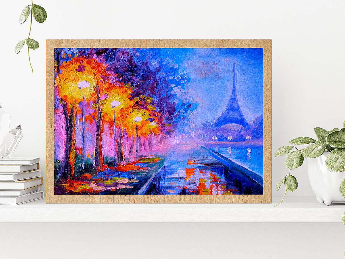 Eiffel Tower Night Street Paint Glass Framed Wall Art, Ready to Hang Quality Print Without White Border Oak