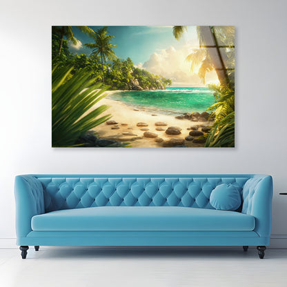 Beach with Palm Tree Acrylic Glass Print Tempered Glass Wall Art 100% Made in Australia Ready to Hang - Bella Home Decor