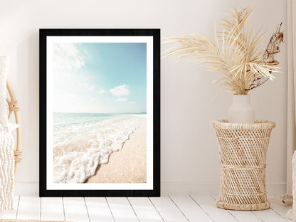 Seawaves on Sandy Beach Faded Photograph Glass Framed Wall Art, Ready to Hang Quality Print With White Border Black