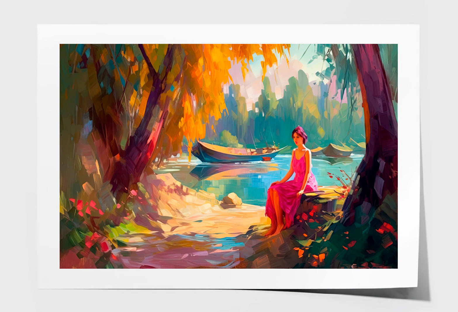 Woman Sitting On River Shore Oil Painting Wall Art Limited Edition High Quality Print Unframed Roll Canvas None