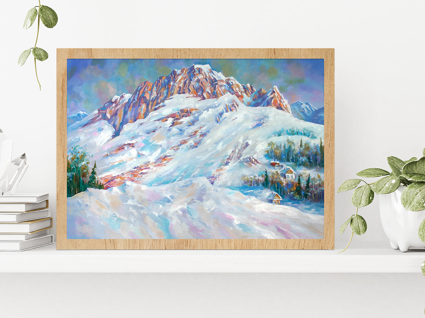 Snow Drifts At The Foot Of Mount Fisht Landscape Glass Framed Wall Art, Ready to Hang Quality Print Without White Border Oak