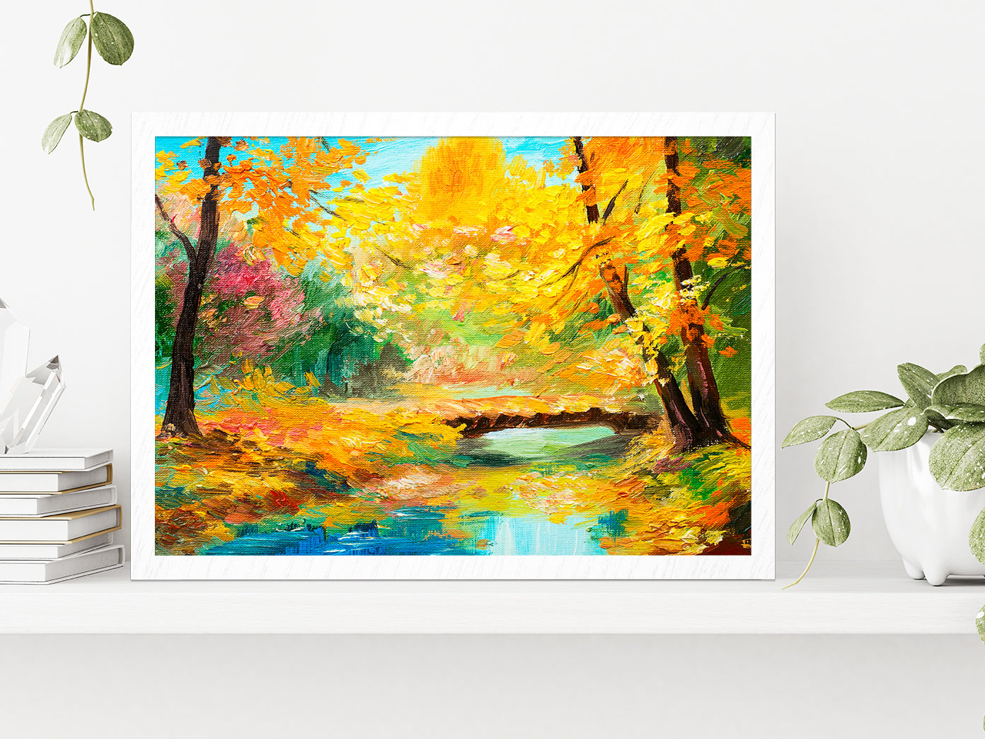 Colorful Autumn Forest With River Glass Framed Wall Art, Ready to Hang Quality Print Without White Border White