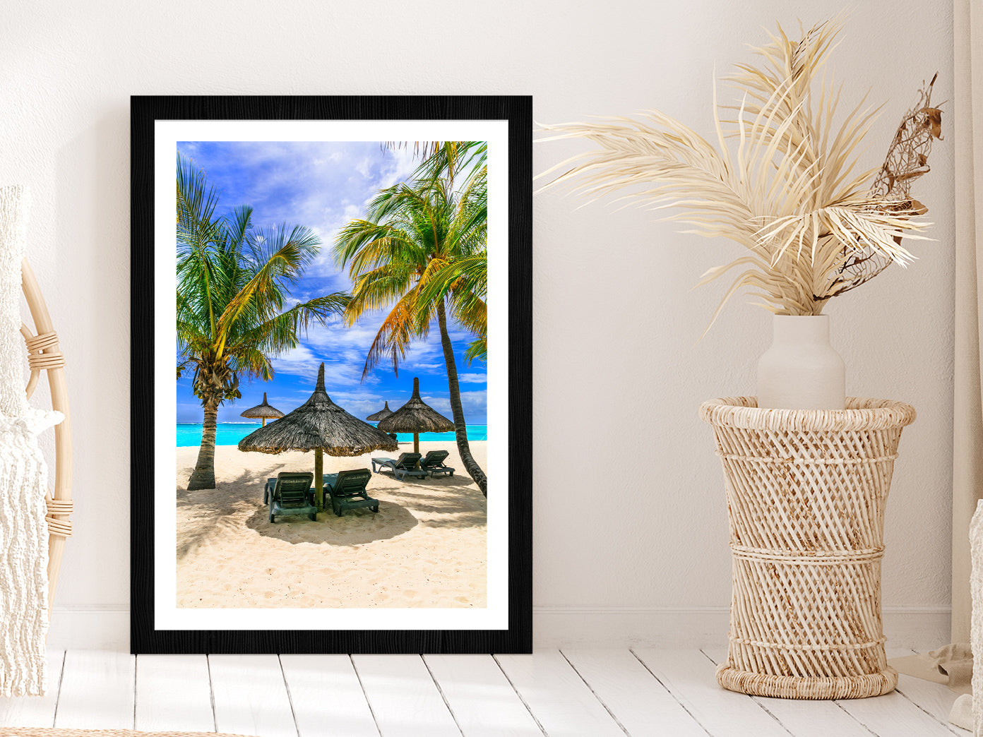 Tropical Palms & Beach Hut at Mauritius Photograph Glass Framed Wall Art, Ready to Hang Quality Print With White Border Black