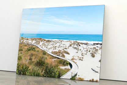 Sand Beach with Wooden Walking Path and Coast Skyline Background Acrylic Glass Print Tempered Glass Wall Art 100% Made in Australia Ready to Hang - Bella Home Decor