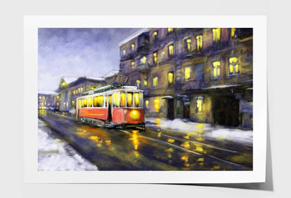 Tram in Old City Night Oil Painting Wall Art Limited Edition High Quality Print Unframed Roll Canvas None