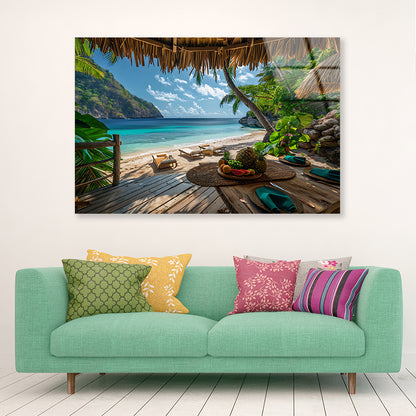 Table with Fruit and a Straw Umbrella on a Beach Acrylic Glass Print Tempered Glass Wall Art 100% Made in Australia Ready to Hang - Bella Home Decor