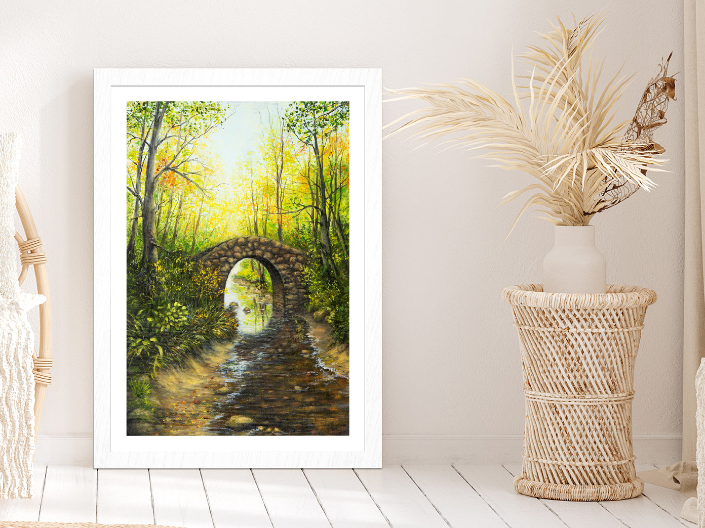 Forest Lake with Bridge Spring Glass Framed Wall Art, Ready to Hang Quality Print With White Border White