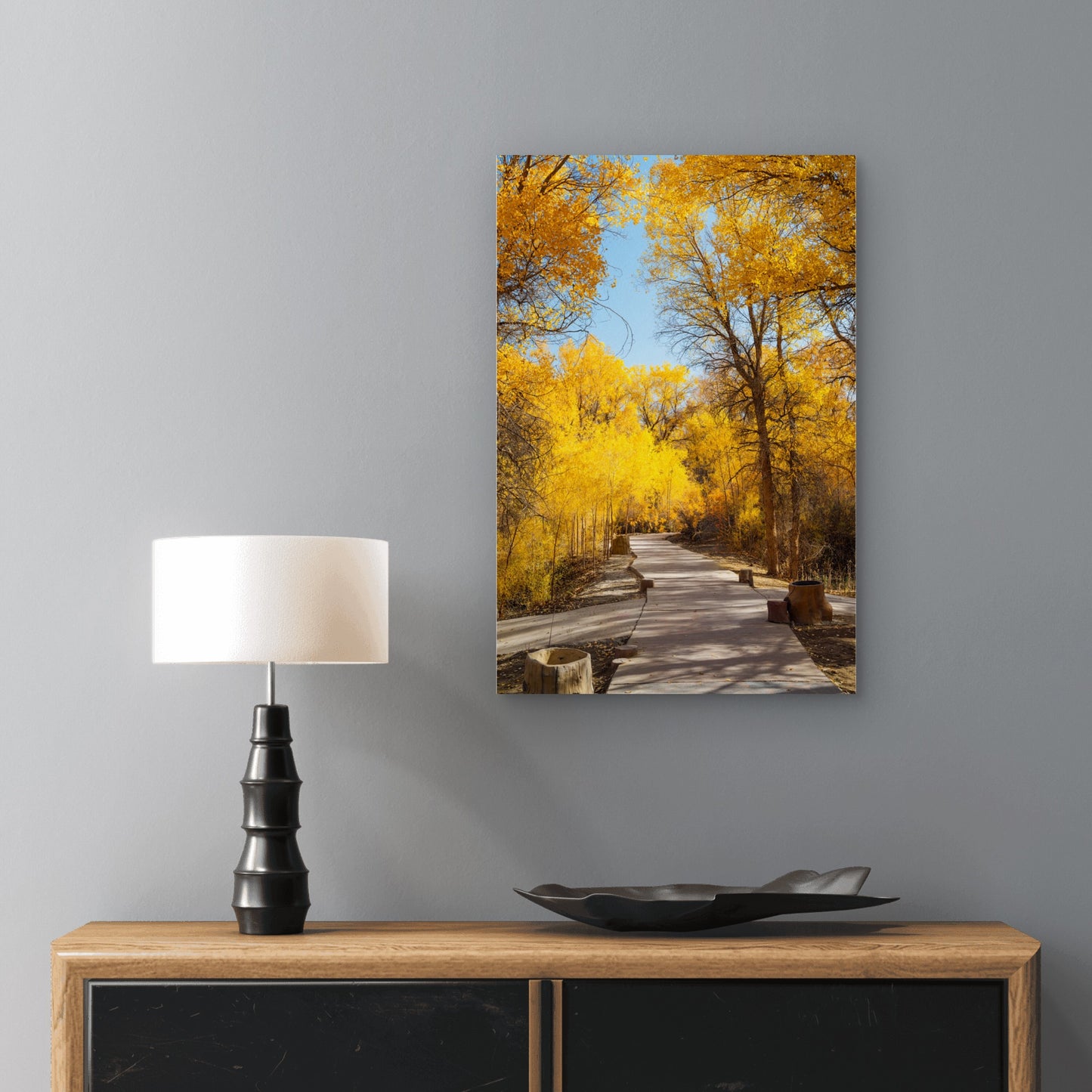 Golden Autumn Forest Path China 40x60cm Metal Print Ready to Hang