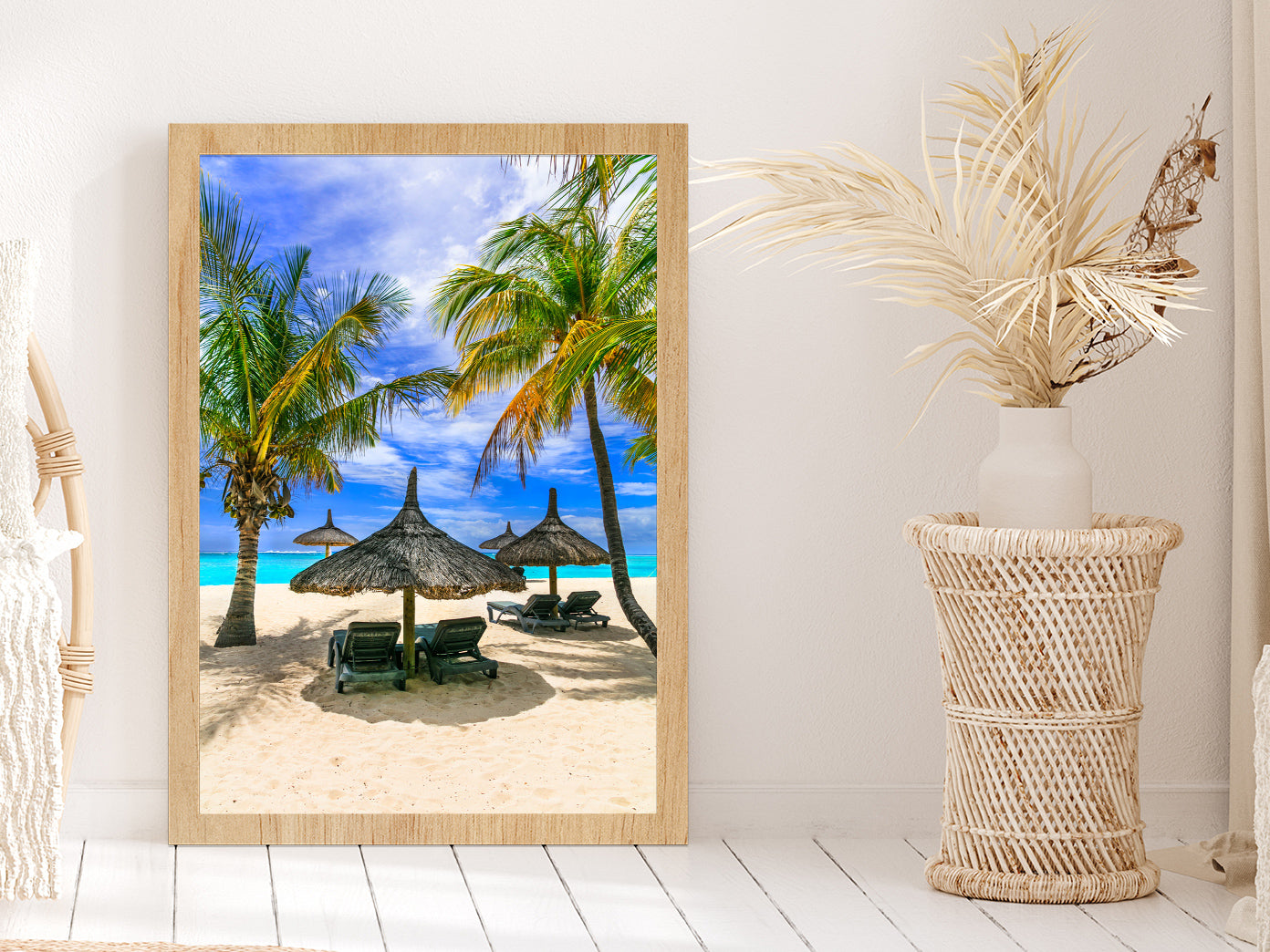 Tropical Palms & Beach Hut at Mauritius Photograph Glass Framed Wall Art, Ready to Hang Quality Print Without White Border Oak