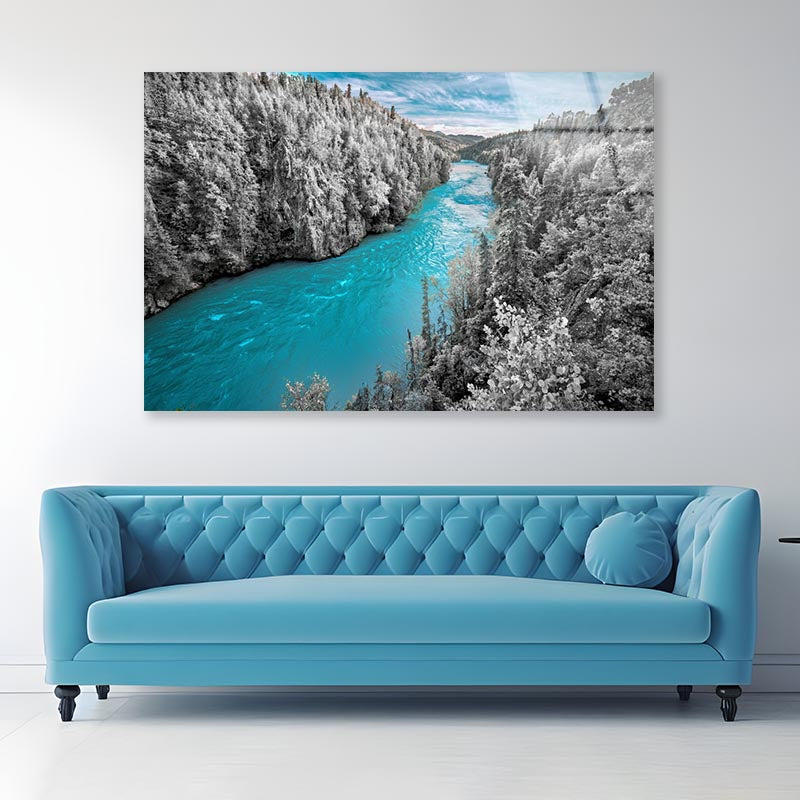 Blue River with White Trees Acrylic Glass Print Tempered Glass Wall Art 100% Made in Australia Ready to Hang