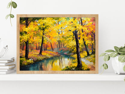 Autumn Trees With Lake In Forest Oil Painting Glass Framed Wall Art, Ready to Hang Quality Print Without White Border Oak