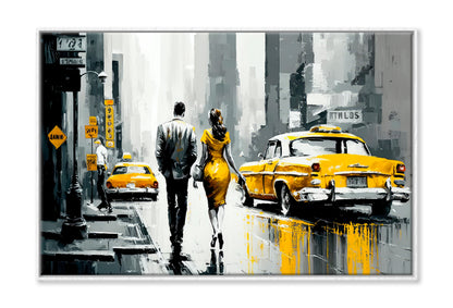 Street View of New York, Man & Woman Oil Painting Wall Art Limited Edition High Quality Print Canvas Box Framed White