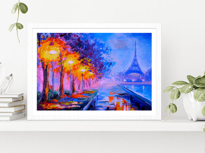 Eiffel Tower Night Street Paint Glass Framed Wall Art, Ready to Hang Quality Print With White Border White