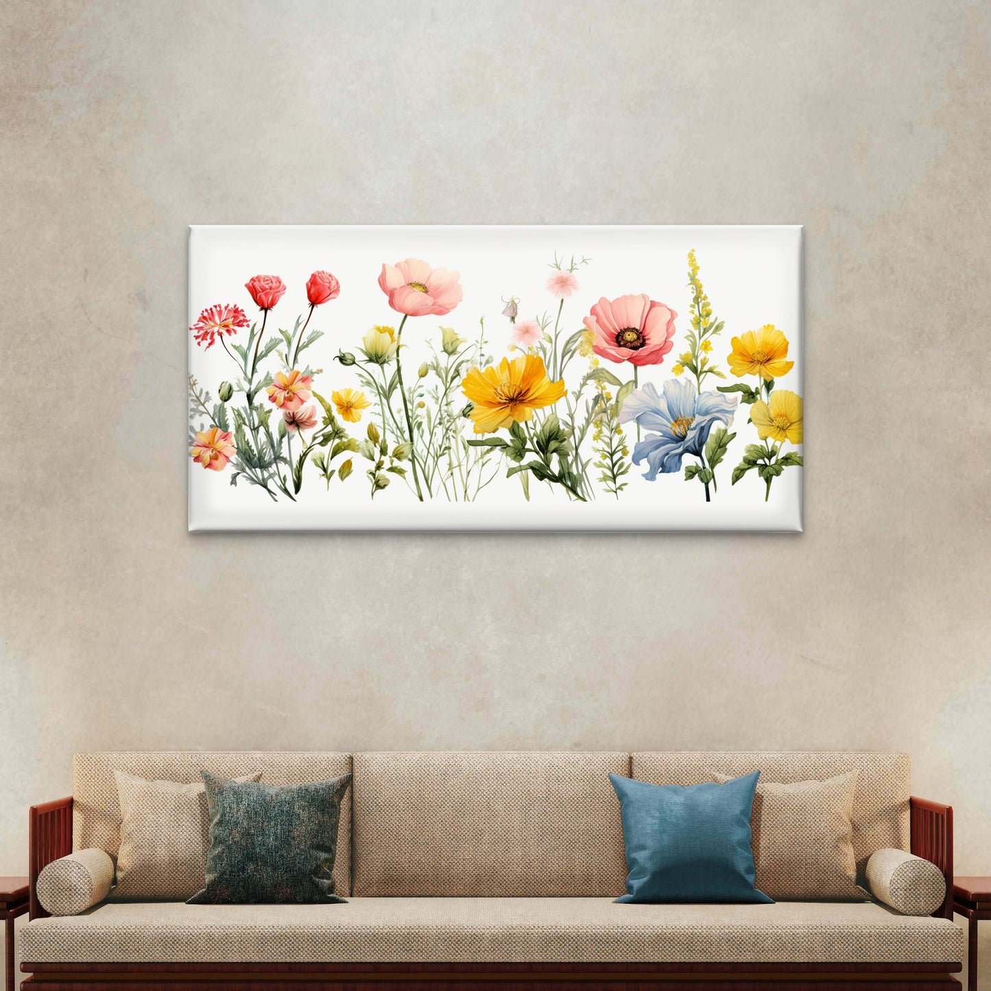 Watercolor Wildflowers Floral Wall Art Canvas Office Home Room Framed 120x60cm - Bella Home Decor