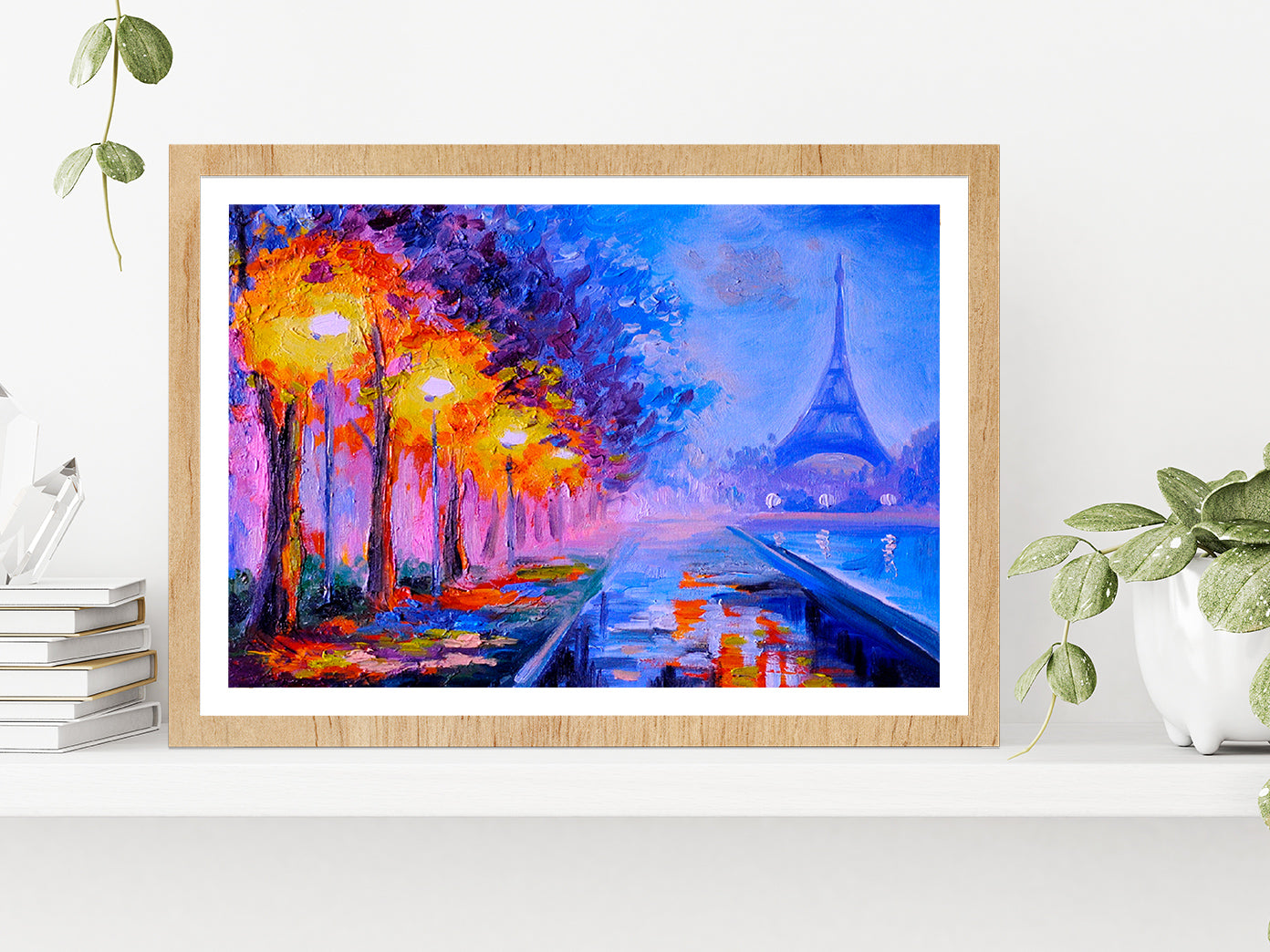 Eiffel Tower Night Street Paint Glass Framed Wall Art, Ready to Hang Quality Print With White Border Oak