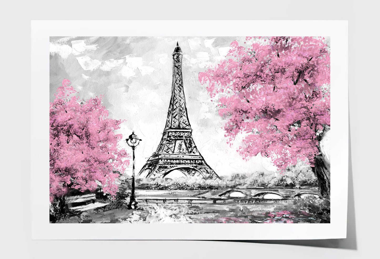 Eiffel Tower & Blossom Pink Trees Watercolor Painting Wall Art Limited Edition High Quality Print Unframed Roll Canvas None