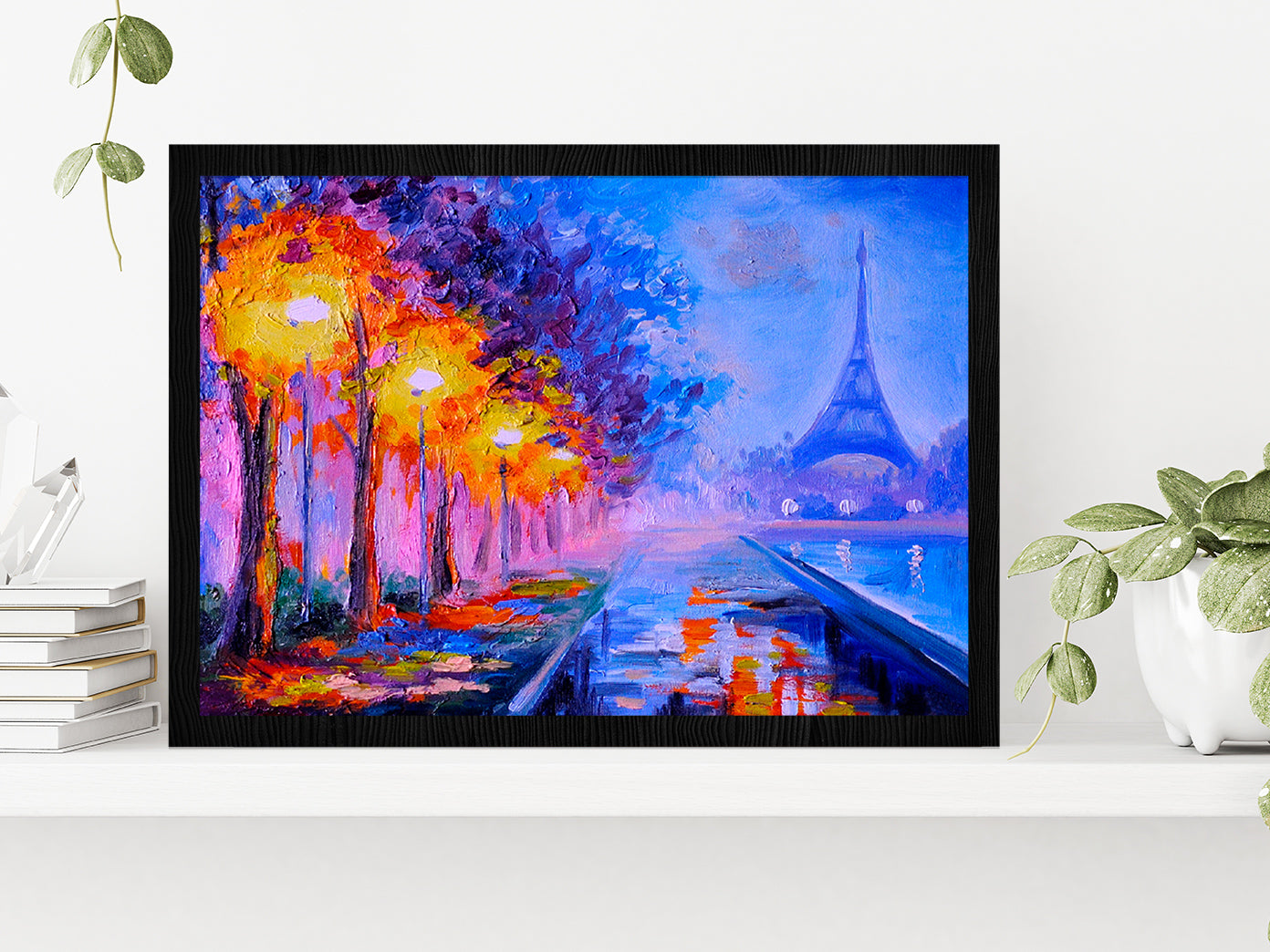 Eiffel Tower Night Street Paint Glass Framed Wall Art, Ready to Hang Quality Print Without White Border Black