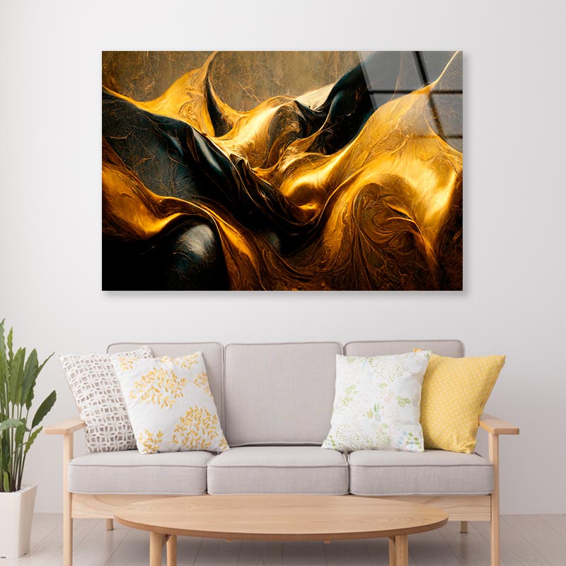 Black And Gold Waves Abstract  Acrylic Glass Print Tempered Glass Wall Art 100% Made in Australia Ready to Hang - Bella Home Decor