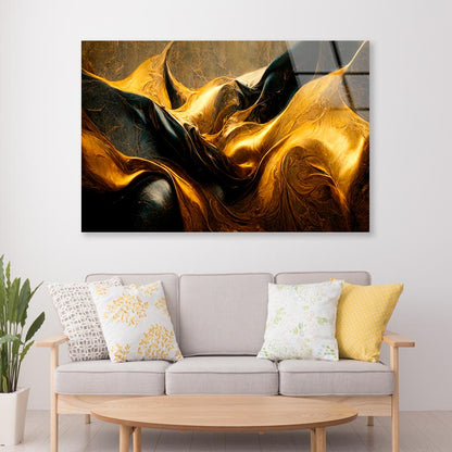 Black And Gold Waves Abstract  Acrylic Glass Print Tempered Glass Wall Art 100% Made in Australia Ready to Hang - Bella Home Decor
