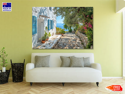 A White House with Blue Shutters and a Blue Door Print 100% Australian Made - Bella Home Decor