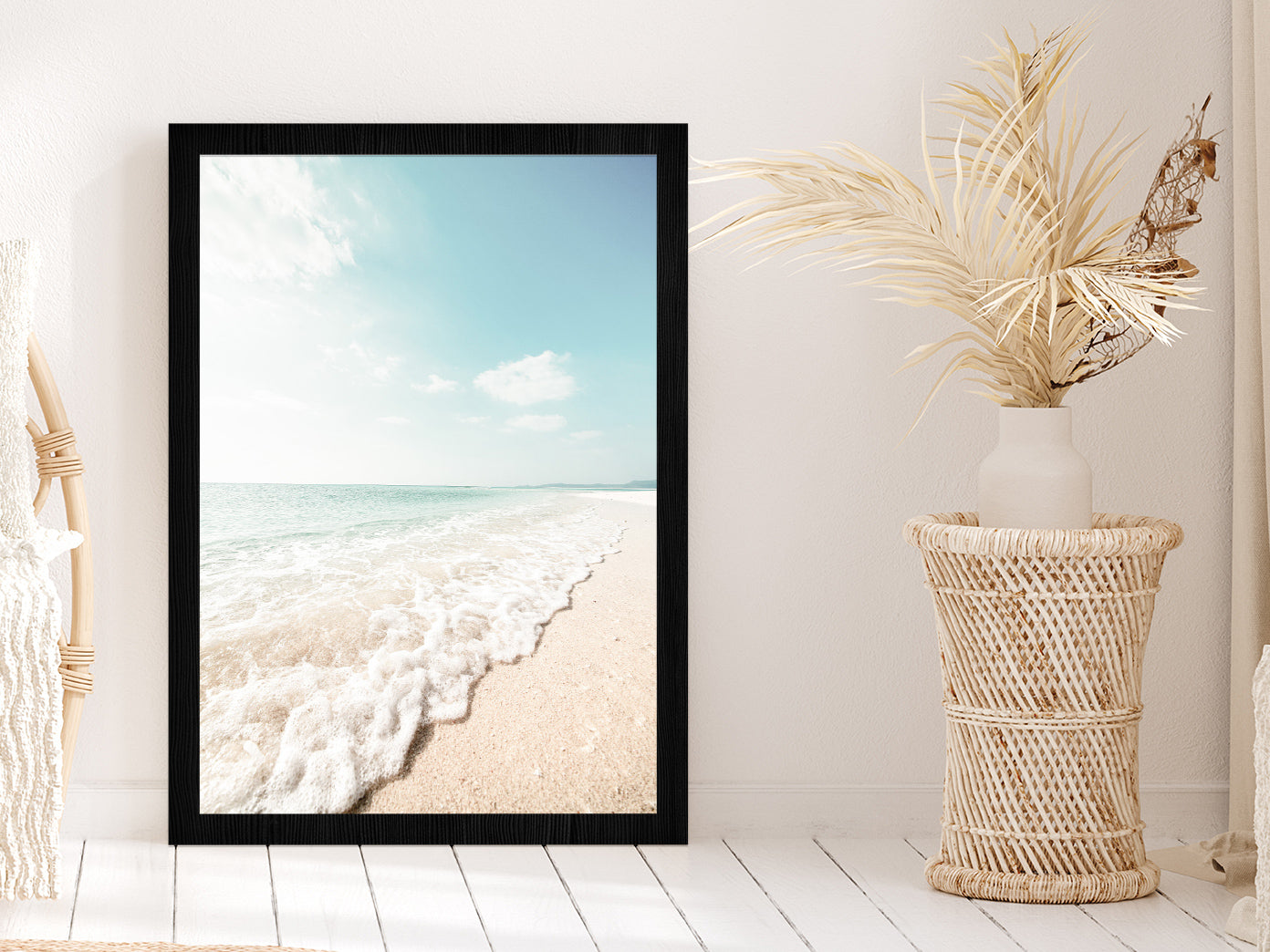 Seawaves on Sandy Beach Faded Photograph Glass Framed Wall Art, Ready to Hang Quality Print