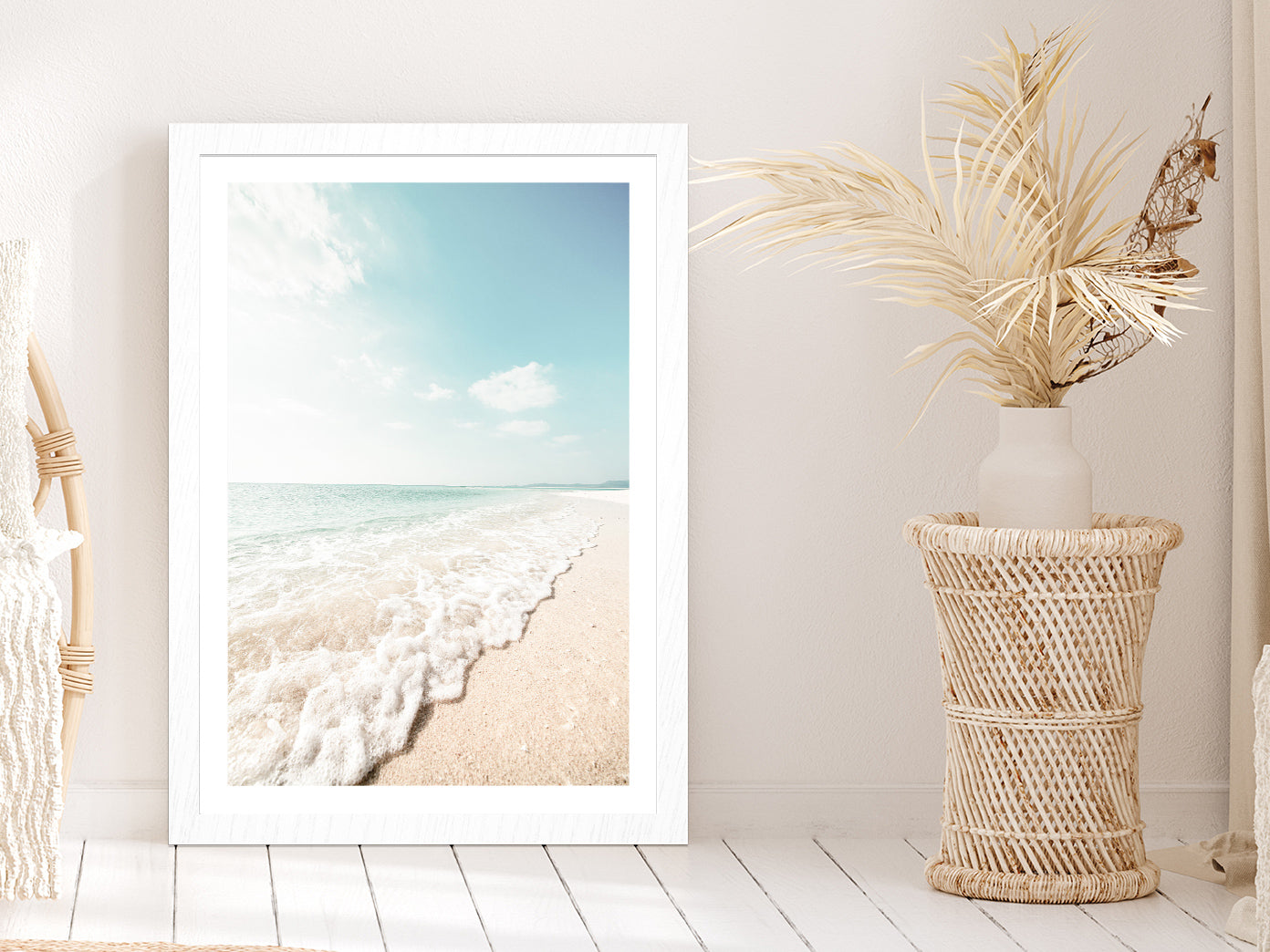 Seawaves on Sandy Beach Faded Photograph Glass Framed Wall Art, Ready to Hang Quality Print White