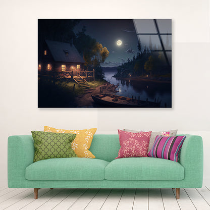 House, Trees, Lake at Night Acrylic Glass Print Tempered Glass Wall Art 100% Made in Australia Ready to Hang - Bella Home Decor