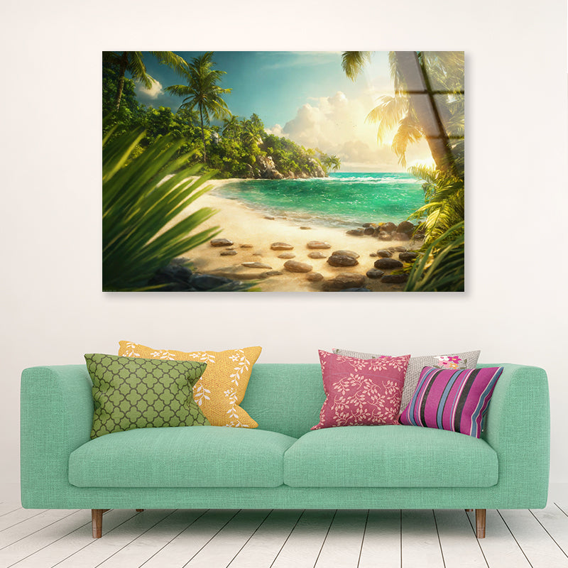 Beach with Palm Tree Acrylic Glass Print Tempered Glass Wall Art 100% Made in Australia Ready to Hang - Bella Home Decor