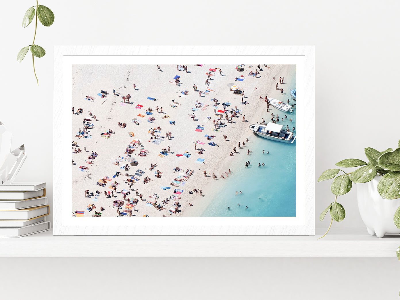 People on Sand Beach Aerial View Photograph Glass Framed Wall Art, Ready to Hang Quality Print With White Border White