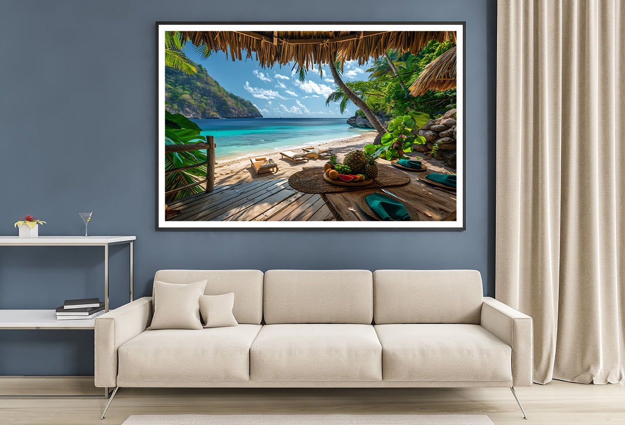 Table with Fruit and a Straw Umbrella on a Beach Home Decor Premium Quality Poster Print Choose Your Sizes - Bella Home Decor