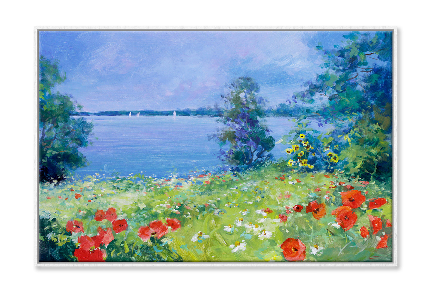 Red Poppies, White Marguerites & Sunflowers On A Summer Meadow Oil Painting Limited Edition High Quality Print Canvas Box Framed White