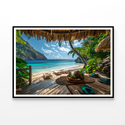 Table with Fruit and a Straw Umbrella on a Beach Home Decor Premium Quality Poster Print Choose Your Sizes - Bella Home Decor