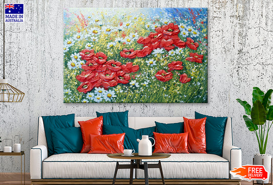 Red & White Flowers with Leaves Oil Painting Wall Art Limited Edition High Quality Print