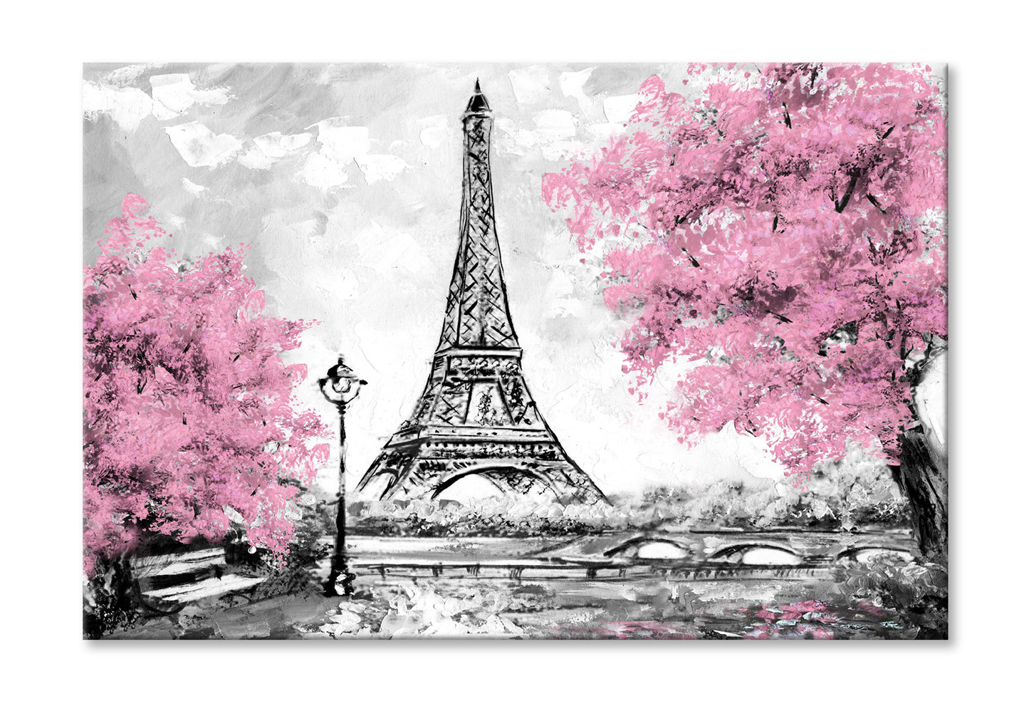 Eiffel Tower & Blossom Pink Trees Watercolor Painting Wall Art Limited Edition High Quality Print Stretched Canvas None