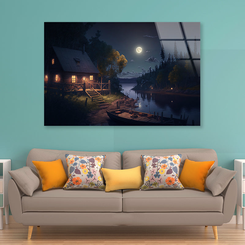 House, Trees, Lake at Night Acrylic Glass Print Tempered Glass Wall Art 100% Made in Australia Ready to Hang - Bella Home Decor